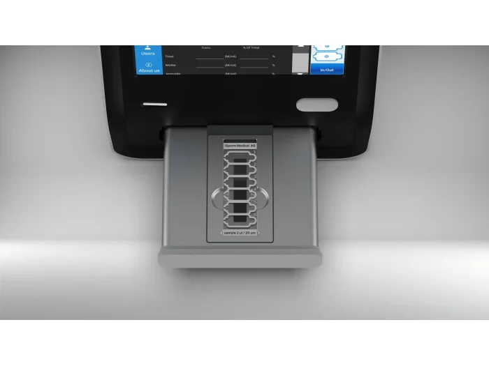 SQA-6100vet CASA system touch screen interface displaying automated sperm motility and morphology analysis results for multi-species veterinary assessment